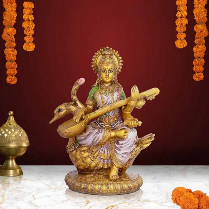 Saraswati Murti Sitting On Swan Resin Statue - 8.5 x 6 Inches